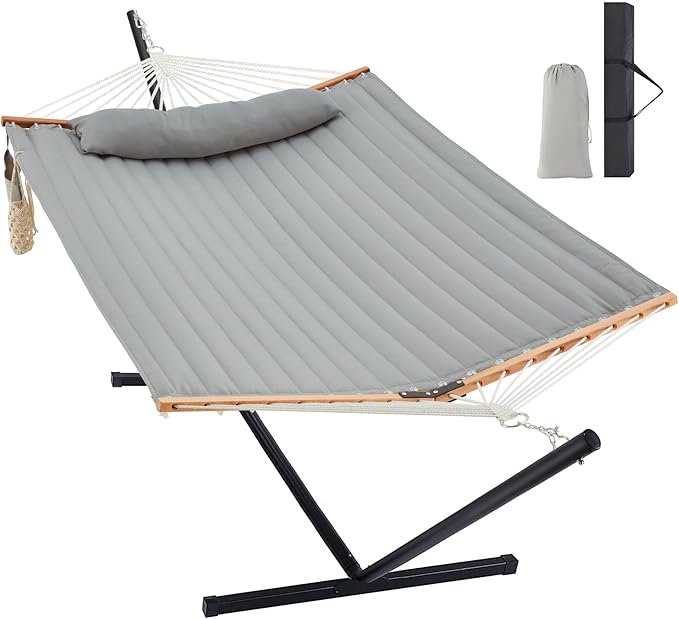 Homgava Two Person Hammock with Stand for Outside Heavy Duty, Outdoor Patio Hammock with Portable Steel Stand, Large Double Hammocks,480lbs Capacity.(Middle Grey)
