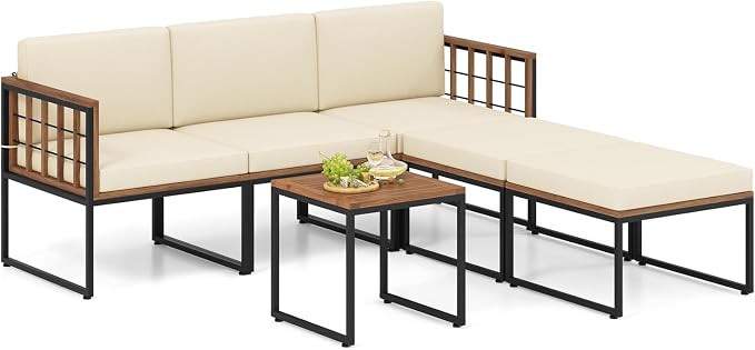 Tangkula 6 Pieces Acacia Wood Patio Furniture Set, Outdoor Sectional Conversation Sofa Set with Cushions, Coffee Table and Ottomans, Metal Frame Patio Sofas for Garden, Poolside, Backyard, Beige
