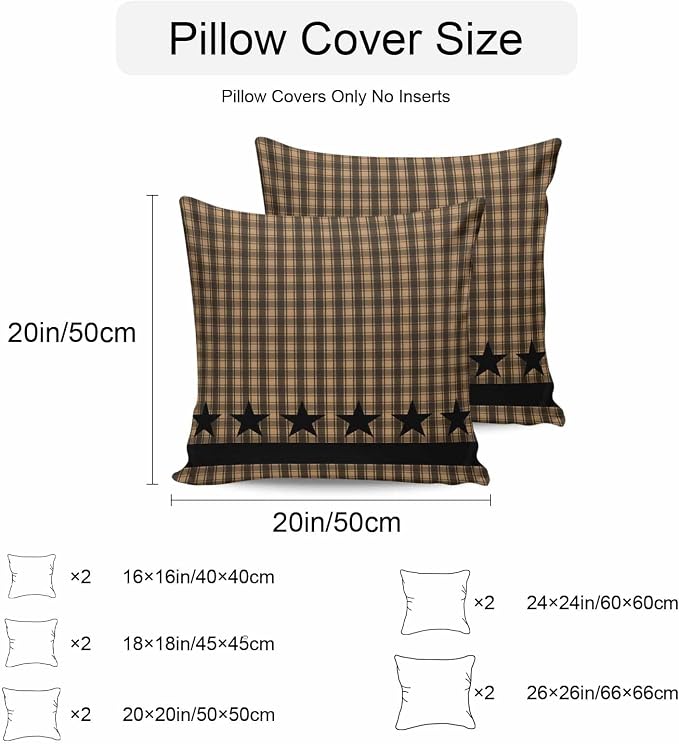 Brown Black Plaid Waterproof Outdoor Pillow Covers Set of 2 Home Decor Vintage Rustic Star Buffalo Check Pillowcase Patio Pillow Covers for Couch Bench Furniture Garden 20x20in