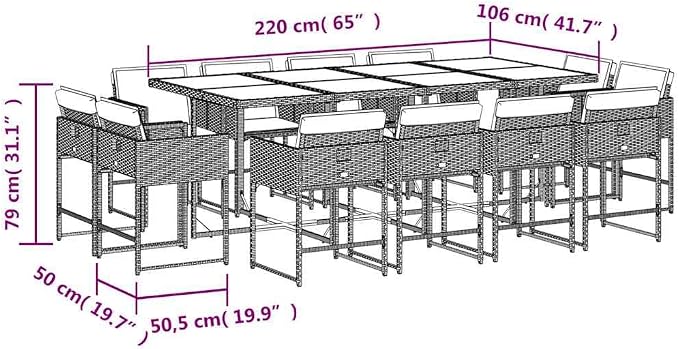 13 Piece Patio Dining Set with Cushions Gray Poly Rattan Outdoor Furniture Table and Chairs for Garden Backyard Balcony UV Proof Folding Storage Removable Washable Covers Tempered Glass Top