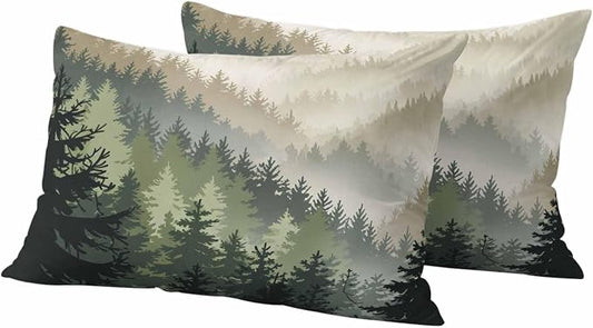 Mountains Outdoor Pillow Covers Waterproof, All Weather Cushion Case Set of 2, Watercolor Forest Nature Pine Trees Landscape Lumbar Pillowcase for Sofa Couch Bed Decor Patio Furniture 20"x12"