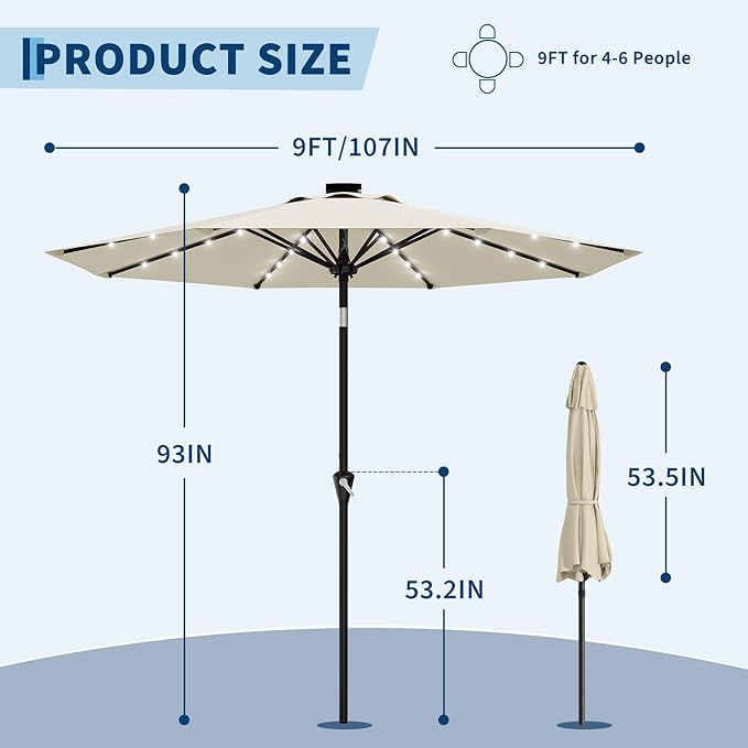 GarveeLife 9FT Patio Umbrella Outdoor, Table Umbrella with solar lights, 8 Sturdy Ribs UV Protection Waterproof for Garden, Pool, Deck (Beige)