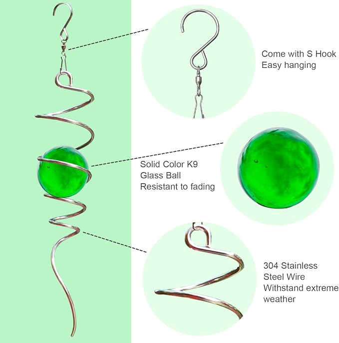 Wind Spinner Tail, Wind Spinners Stabilizer with Green Glass Orb, Gazing Ball Spiral, Sun Catcher Rainbow Maker Hanging Decoration Decor for Yard Garden, Saint Patrick's Day Gift Ideas