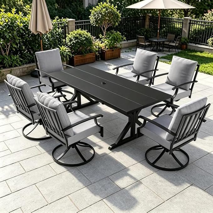 ALAULM 7-Piece Patio Dining Set,Outdoor Metal Dining Set with 6 Swivel Chairs & Rectangle Table with 1.5 Umbrella Hole, Patio Dining Table and Chairs for Backyard, Grey