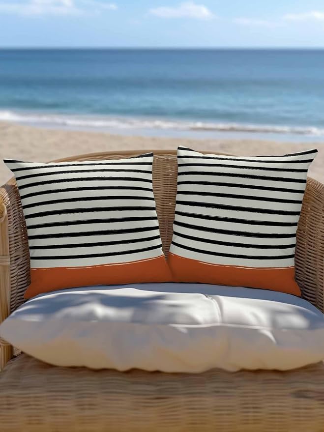 Waterproof Outdoor Pillow Set of 2 Black Stripes Decorative Throw Pillows Cover & Insert 16x16 Inch Pillowcase Striped Lines Orange Square Pillows for Couch Sofa Bed Patio Furniture Indoor Outdoor