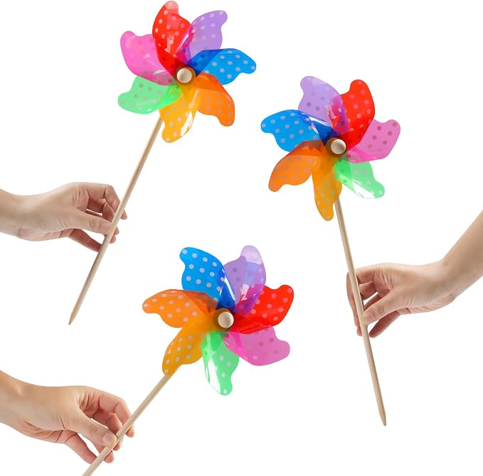 IilLittle 10 Pack Rainbow Pinwheel, Pinwheels for Kids | Assembly Instructions Included, Easy Assembly, Wooden Pole, PP Plastic, Waterproof, Sturdy