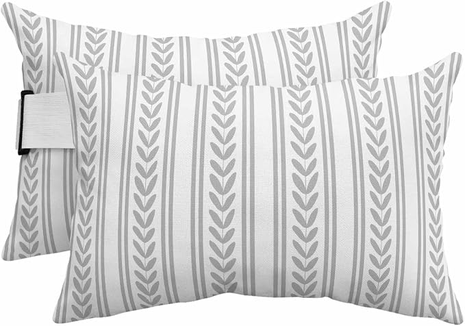 2PCS Outdoor Pillow for Chaise Lounge Chair Modern Rustic Boho Leaves Stripe Waterproof Headrest Cushion with Insert Botanical Gray Leaf Lines Lumbar Pillow for Beach Patio Poolside Office,11x16in