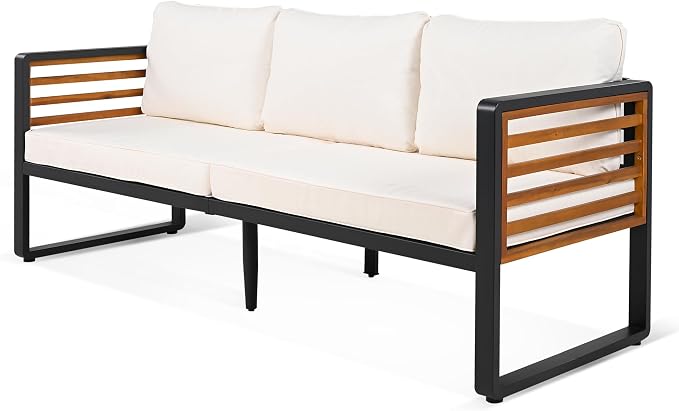 Merax 4-Piece Large Size Outdoor Conversation Sofa Set, Metal and Acacia Wood Frame Sofa with Removable Cushions, Waterproof & UV-Resistant, 5-Person Patio Furniture for Garden Backyard, Beige