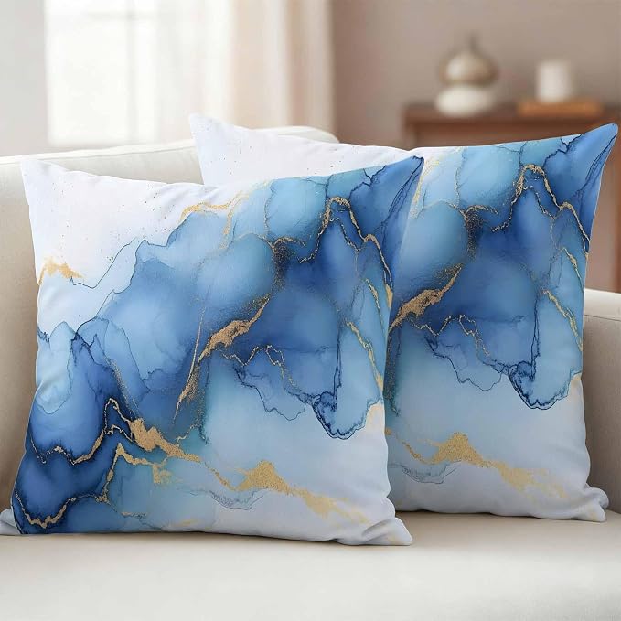 Abstract Marble Texture Outdoor Waterproof Throw Pillow Covers Set of 2, 16"x16", Gold Blue Gradient Modern Art Decoration Decorative Pillow Covers Outside Cushion Case for Patio Porch Garden