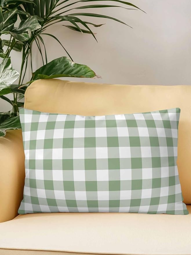Waterproof Outdoor Pillow 1 Pack Green Buffalo Plaid Decorative Throw Pillows Cover & Insert 20x12 Inch Lumbar Pillowcase Check Lines Pillows for Couch Sofa Bed Patio Furniture Indoor Outdoor