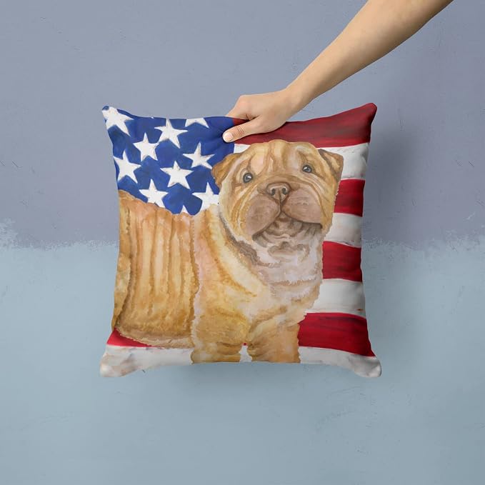 Caroline's Treasures BB9719PW1414 Shar Pei Puppy Patriotic Fabric Decorative Pillow Machine Washable, Indoor Outdoor Decorative Pillow for Couch, Bed or Patio, 14Hx14W