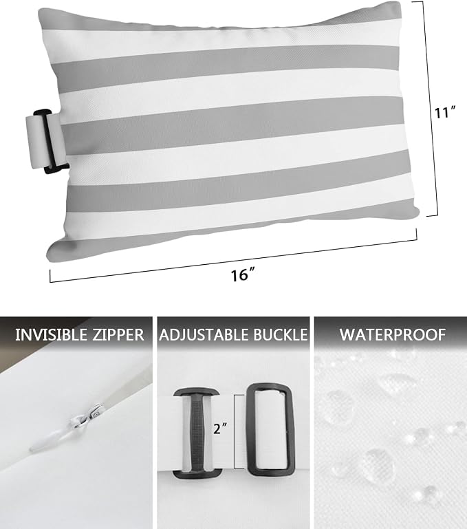 Grey Striped Outdoor Pillows with Insert Classic Grey and White Geometric Waterproof Patio Pillows with Adjustable Strap Rectangle Head Recliner Lounger Chair Throw for Patio Furnitures, 1 Pack