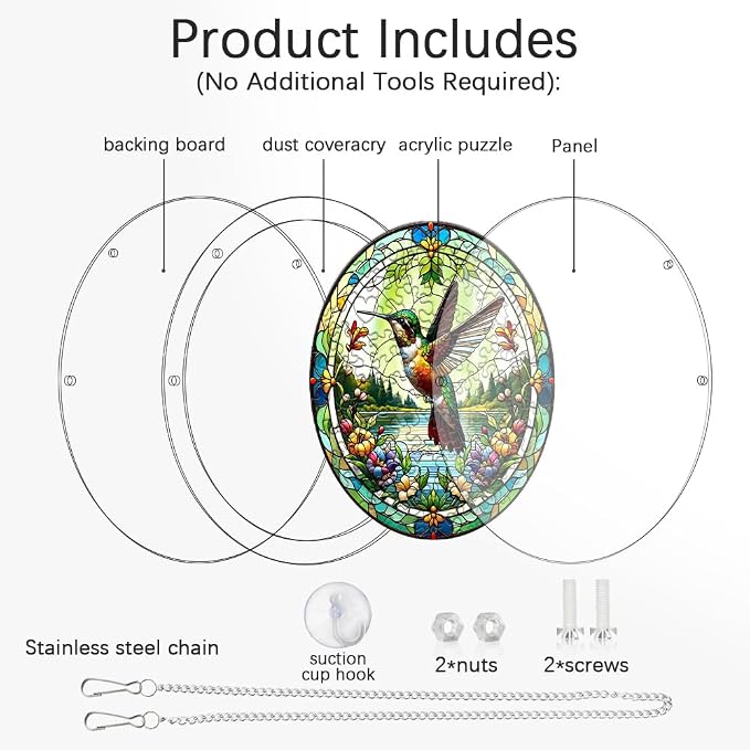 Acrylic Puzzle Suncatcher, Hummingbird Stained Glass Window Hanging, Sun Catcher Puzzle Kit Home Garden Decor, Creative Mothers Day and Birthdays Gifts for Mom, Wife, Sisters, 7.87 inch