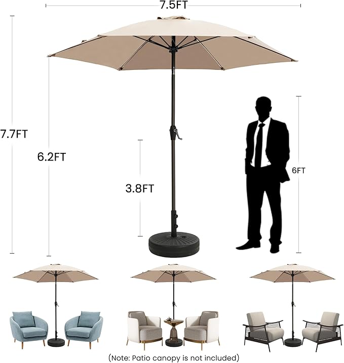Ayge 7.5FT Large Outdoor Patio Umbrella Market Table Umbrella-UV Resistant, Easy Push Button Tilt and Crank, 6 Sturdy Fiberglass Ribs Heavy-Duty Pool Umbrella for Deck, Backyard,Garden, Yard,Grey