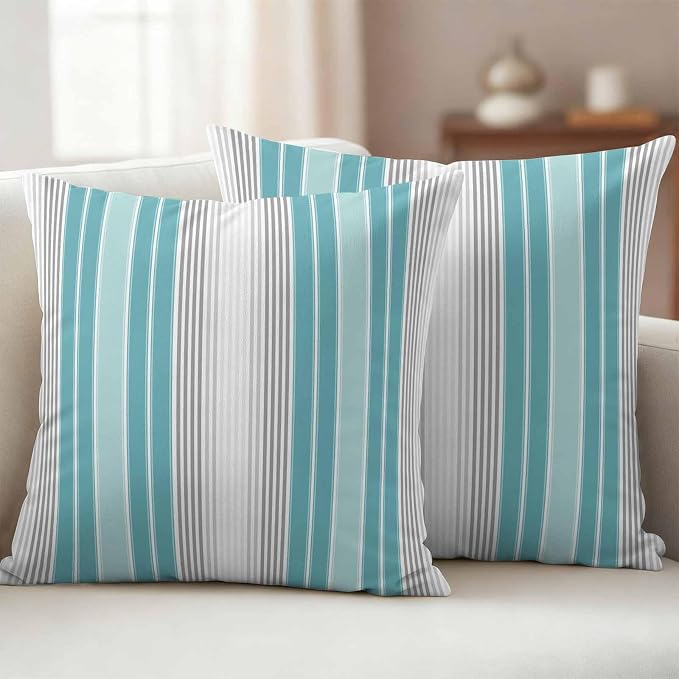 Chucoco Outdoor Waterproof Throw Pillow Cover, Teal Stripe Gray Line Decorative Pillows Cushion Covers, Minimalist Style 2 Pack Pillow Cases for Patio Garden Balcony Couch Sofa 16x16in