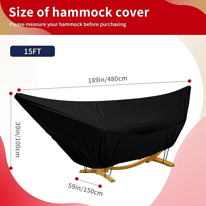 Outdoor Waterproof Hammock Cover for 15FT Hammock Stand,with Zip and Elastic Ropes,and It has Windproof Effect,420D Heavy Duty Oxford (Black,15foot)