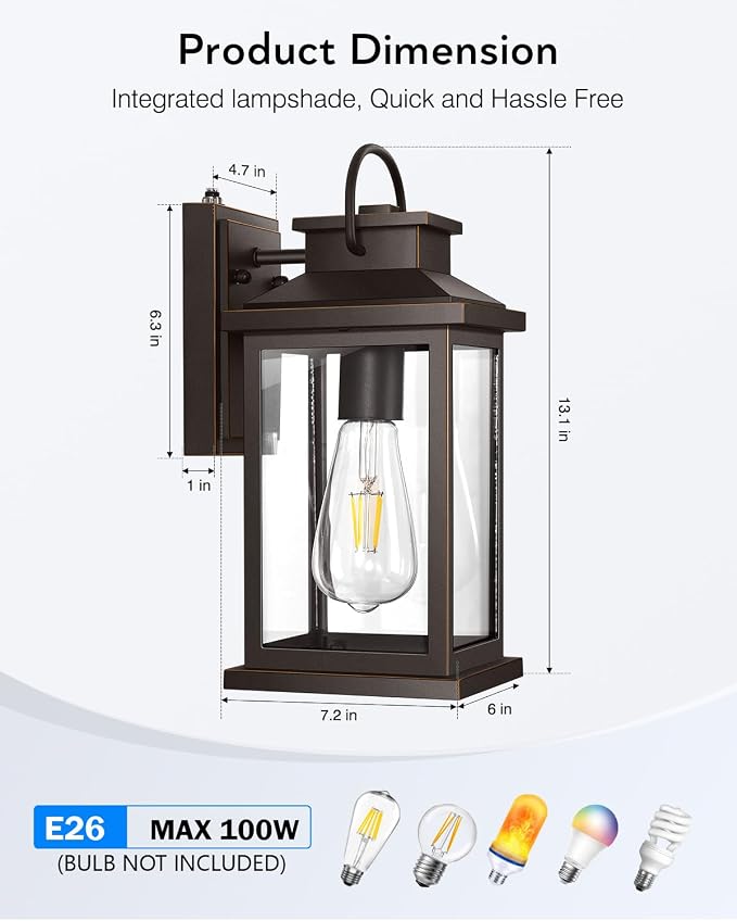 VIANIS Dusk to Dawn Outdoor Light Fixtures Wall Mount, Farmhouse Oil Rubbed Bronze Exterior Wall Sconce Lanterns Lighting for House, Waterproof Outside Front Door Light with Tempered Glass for Porch | Farmhouse ORB Gold Trim Exterior Wall Sconce Lanter...