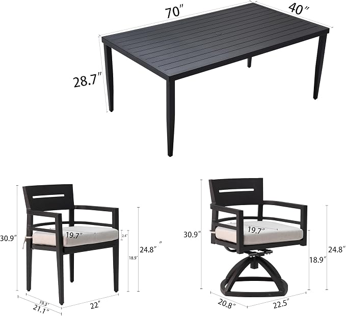 7-Piece Outdoor Patio Aluminum Furniture Set, 70” Rectangle Dining Table with Umbrella Hole and 2 Swivel Rockers Chairs & 4 Dining Chairs, Modern Dining Set for Backyard, Garden