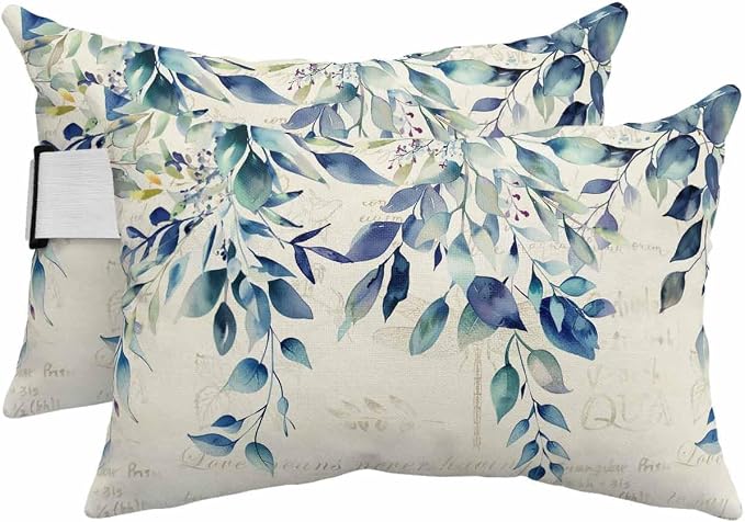 Lumbar Pillow Covers Set of 4, Blue Teal Eucalyptus Leaves Waterproof Outdoor Chaise Lounge Pillow Covers with Elastic Strap, Watercolor Vintage Botanical Headrest Pillowcase for Patio, 12 x 20