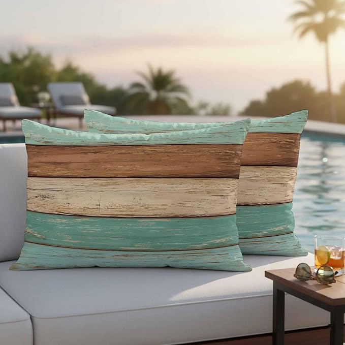 Farmhouse Teal Blue Brown Outdoor Waterproof Pillow Covers, Vintage Wooden Striped Decorative Rectangle Throw Pillowcase Sofa Cushion Sham for Patio/Couch/Chair, 20"x12" 2 Pack