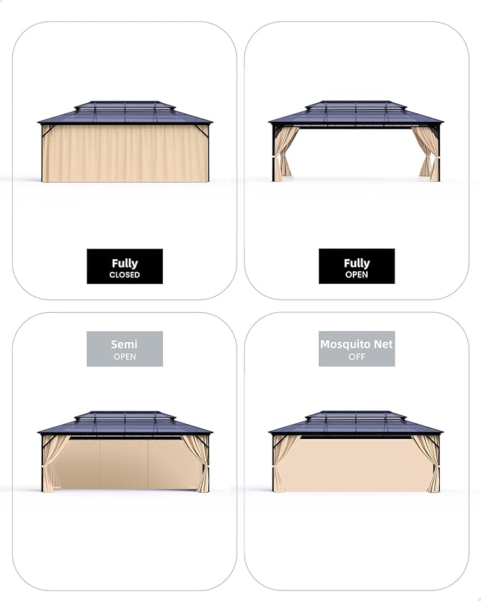 GarveeLife Hardtop Gazebo 12 ft x16 ft for All Weather, Double Polycarbonate Sheets Roof, Aluminum Alloy Frame, Net, and Curtain, Permanent Building for Patio, Deck, Backyard, Lawn, and Garden