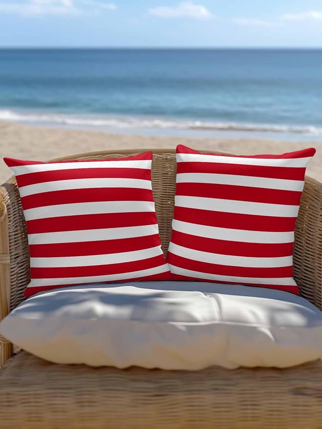Waterproof Outdoor Pillow 1 Pack Red Stripes Decorative Throw Pillows Cover & Insert 16x16 Inch Pillowcase Classic Striped Lines Square Pillows for Couch Sofa Bed Patio Furniture Indoor Outdoor