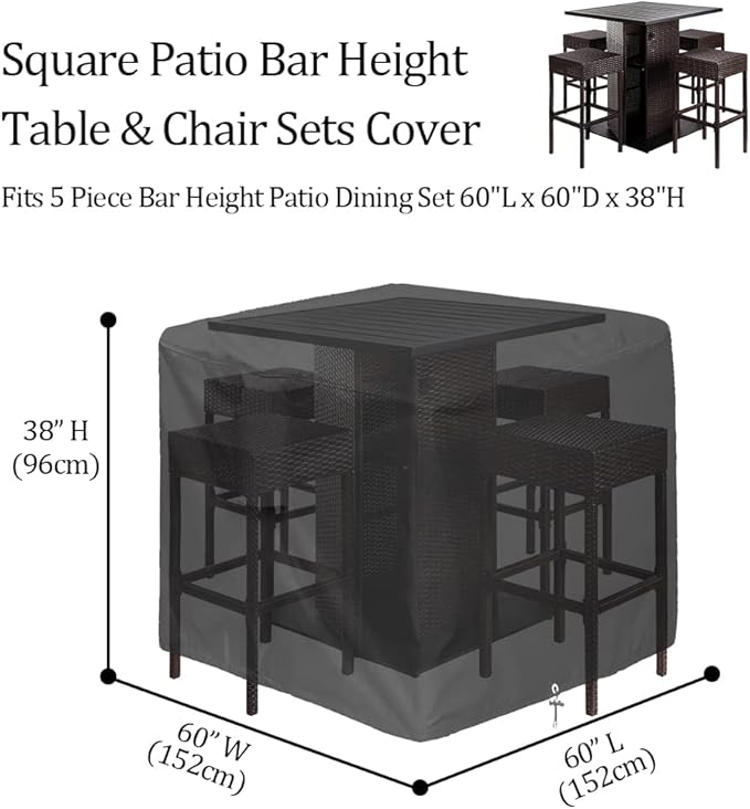 5 Piece Bar Height Patio Furniture Dining Set Covers Waterproof Outdoor 60 Inch Square High Top Patio Bar Height Bistro Table & Chair Sets Winter Cover, Black