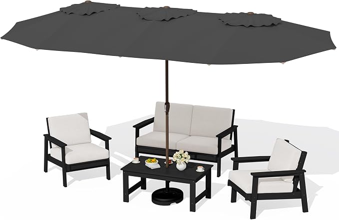 SERWALL HDPE Patio Furniture Set with 15FT Double Side Patio Umbrella, All Weather Wood-Like Outdoor Sofa Sectional Couch, Black Patio Furniture with Khaki Cushions