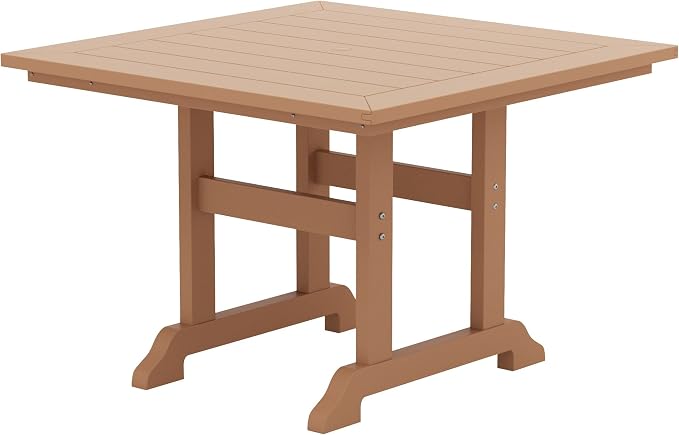 WestinTrends Malibu 5 Piece Adirondack Outdoor Dining Set, All Weather Poly Lumber Patio Table and Chairs Furniture Set, 43" Trestle Square Dining Table and 4 Adirondack Dining Chair, Teak
