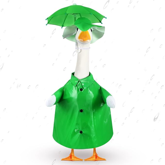 FuWeave Summer Baby Goose Outfit Raincoat and Umbrella for 17'' Lawn Porch Baby Goose Costume Plastic Raincoat Clothes for Summer Spring Outdoor Patio Yard Lawn Decoration(Green)