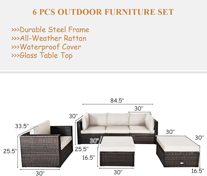 Tangkula 6 Pieces Wicker Patio Furniture Set, PE Rattan Outdoor Sectional Conversation Set with Glass Coffee Table & Ottoman, Wicker Sofa Set with Cushions for Yard Garden, Deck, Porch (White)