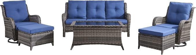 HUMMUH Patio Furniture 6 Pieces Outdoor Furniture Set Wicker Outdoor Sectional Sofa with Swivel Rocking Chairs,Patio Ottomans,Patio Coffee Table, Grey/Blue