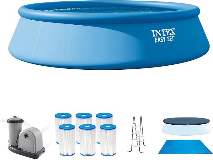 Intex Easy Set 18 Foot by 48 Inch Round Inflatable Above Ground Swimming Pool with Filter Pump, Ladder, Pool Cover, and 6 Pack Filter Cartridges, Blue