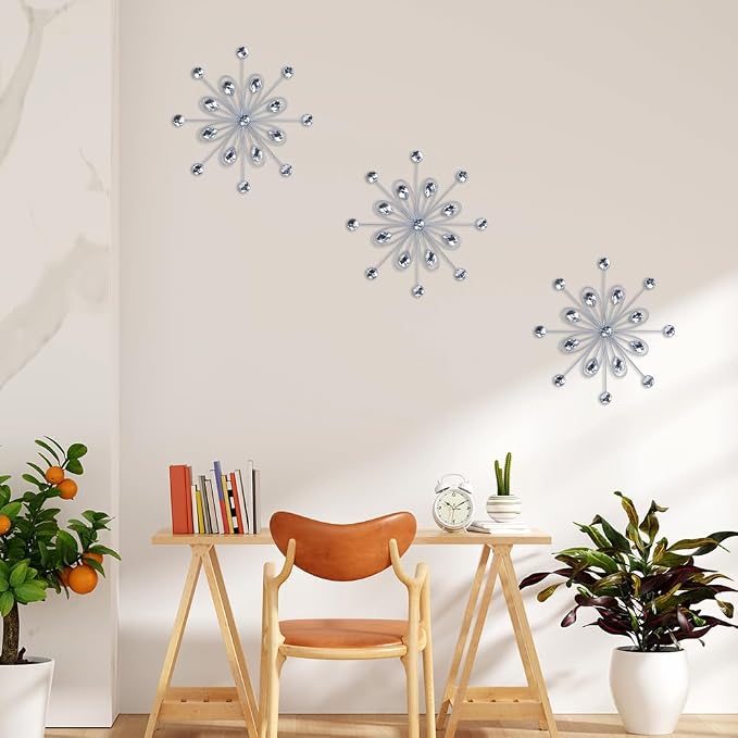 hogardeck Metal Flower Wall Decor, 3pcs 9" Silver Metal Jeweled Wall Art Bling Crystal Home Décor, Sun Burst Rhinestone Hanging Diamond Accents for for Indoor, Outdoor, Living Room, Bedroom