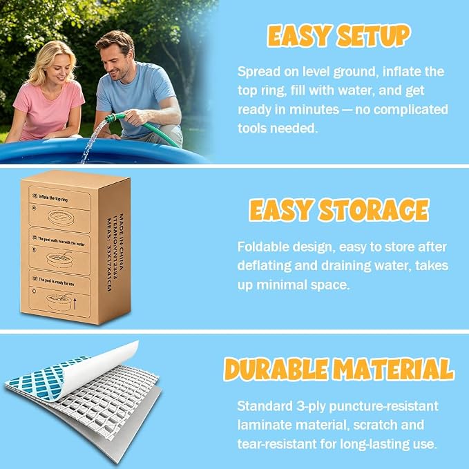 8FT x 30IN Inflatable Swimming Pool for Family - Large Round Blow Up Backyard Pool with Repair Patches & Accessories, Heavy-Duty Summer Water Party Favor