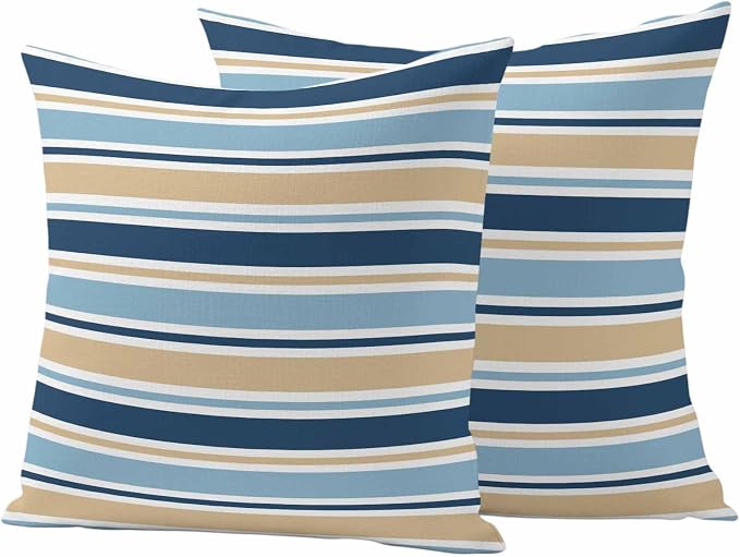 Blue Khaki Striped Outdoor Pillow Cover 24x24 Inch Cushion Sham Case, Farmhouse Stripes Modern Abstract Art Waterproof Decorative Square Throw Pillowcase for Outside Garden Patio Porch Couch Chair