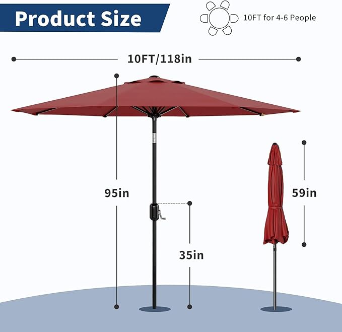CABIHOME 10 ft Outdoor Patio Umbrella, Outdoor Table Umbrella with 8 Sturdy Ribs | Crank Lift & Push Button Tilt, Yard Umbrella, Market Umbrella for Garden Pool Deck Yard