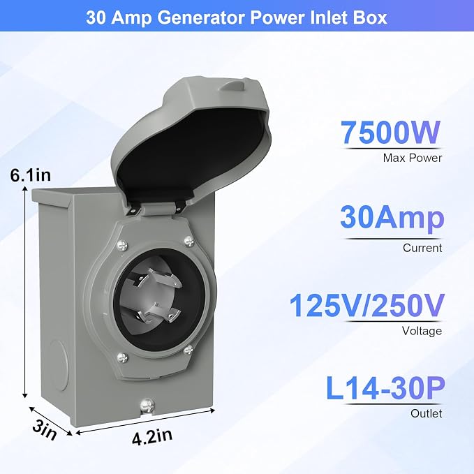 30 Amp Generator Inlet Box Pre-Drilled, NEMA L14-30P 30A 125V/250V Generator Power Inlet Box for 4 Prong Generator Cord ETL Listed, Waterproof Dust Proof for Outdoor Use