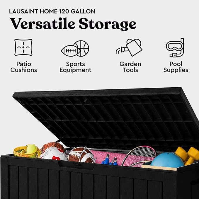 LAUSAINT HOME 120 Gallon Outdoor Deck Box, Waterproof Resin Storage Box with Lock, Patio Cushion Storage, Garden Tool Organizer, Pool Storage Container, Outdoor Storage Bench,Black
