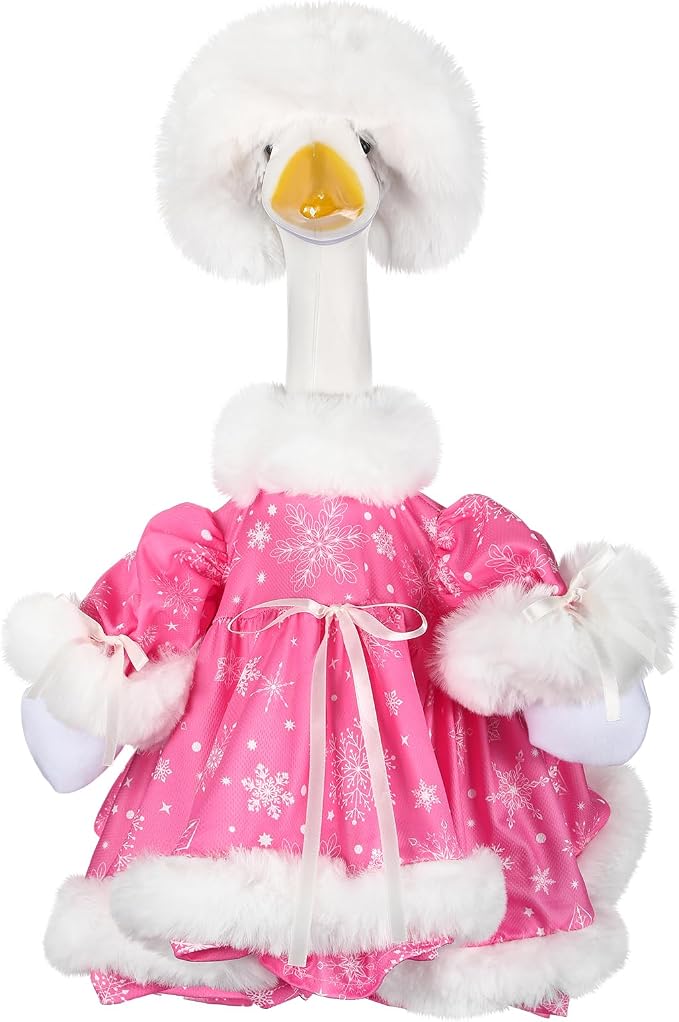 Suzile Pink Christmas Porch Goose Outfit Clothes for 23" High Cement or Plastic Goose Costume for Yard Lawn Outdoor Garden Patio Geese Statue Dresses Winter Xmas Santa Holiday Decor