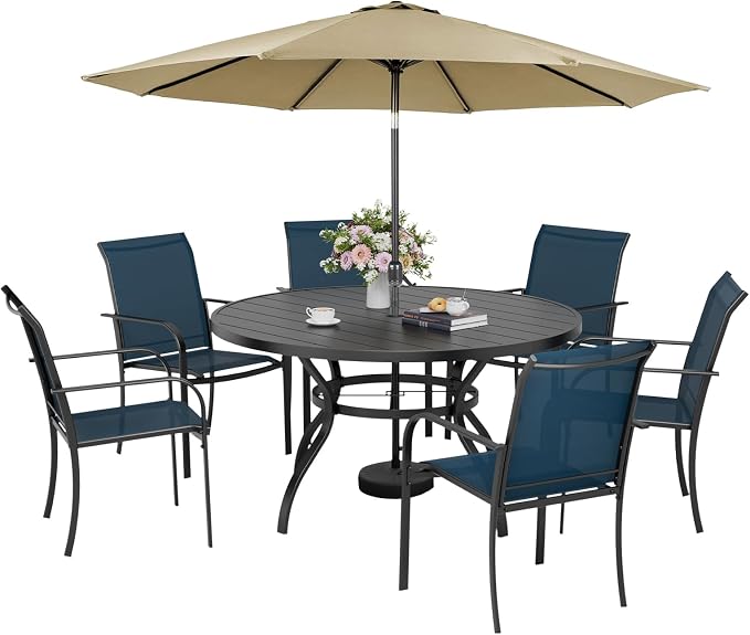 Incbruce 8 PCS Patio Dining Set with Brown Umbrella, Outdoor Dining Set of 6 Textilene Chairs and 53" Round Table with Umbrella Hole for Backyard, Garden, and Poolside (Blue)
