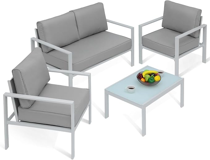 Athena Collection Patio Bistro Set Table and Chairs Set of 4, Outdoor Furniture Set Heavy Duty Conversation Sets Metal Loveseat with Upholstered Seat and Cushions, Gray