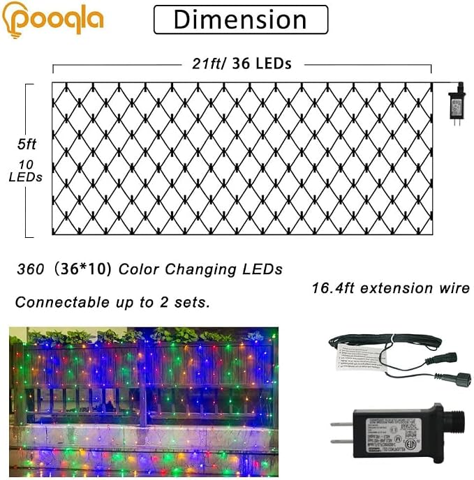 Colorful Net Lights, 21x 5ft Christmas Lights Outdoor Green Wire | 360 LED Large Net Mesh Lights Plug in, 8 Modes Waterproof Connectable Multicolor Bushes Lights for Christmas Hedge Yard Decor