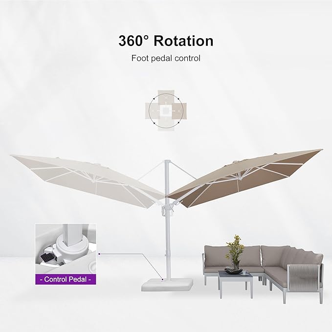 PURPLE LEAF 9' X 12' Right-left Tilt White Cantilever Umbrella with Base Patio Outdoor Swivel Umbrellas with Aluminum Tilt Offset Umbrella with 360° Rotation for Deck Pool, Beige
