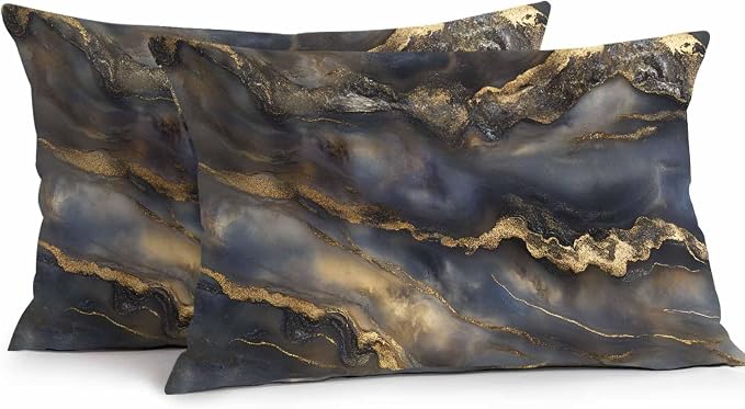 Modern Abstract Waterproof Outdoor Pillow Covers Set of 2 Home Decor, Luxury Black Golden Marble Texture Pillowcase Patio Pillow Covers for Couch Bench Furniture Garden 20x12in