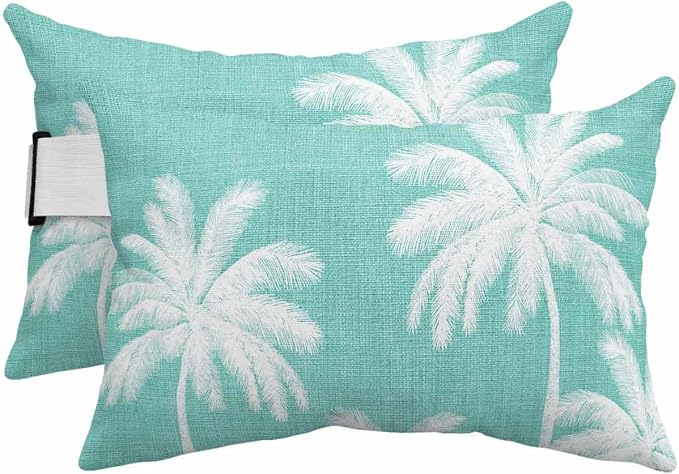 Pack of 4 Outdoor Lumbar Pillow Covers 12x20 Inch, Teal Palm Trees Waterproof Throw Pillow Covers Set, Farmhouse Tropical Summer Beach Indoor&Outdoor Decorative Cushion Cases for Patio Porch Car