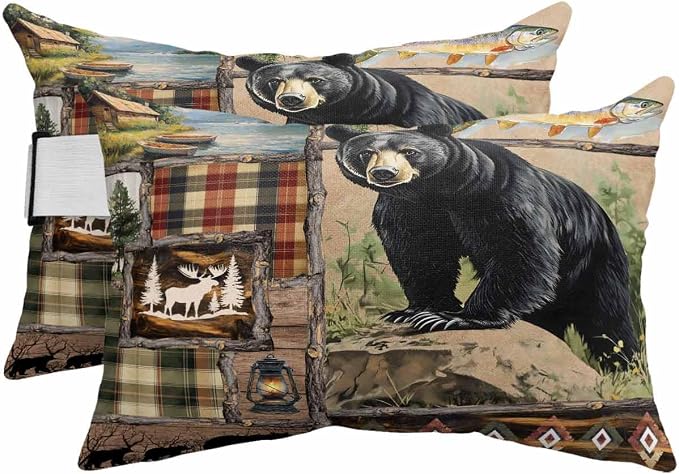 Pack of 2 Outdoor Lumbar Cushions Pillows, Vintage Forest Black Bear Classic Checkered Wood Grain Waterproof Fluffy Fade Body Pillows, Patio Furniture Pillow for Home Balcony Garden Decor 12x20IN