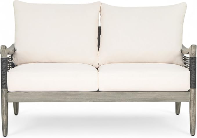 Christopher Knight Home Havets 4 Piece Patio Conversation Sets, Outdoor Acacia Wood Patio Seating Group,Woven Rope Loveseat Chairs with Cushions and Coffee Table for Porch Backyard Balcony, Gray+Beige