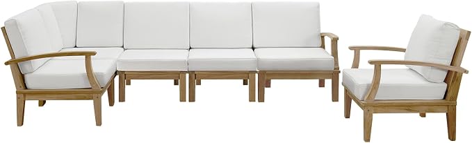LexMod 6 Piece Marina Outdoor Patio Teak Sofa Set, 65 by 120 by 31.5", Natural White