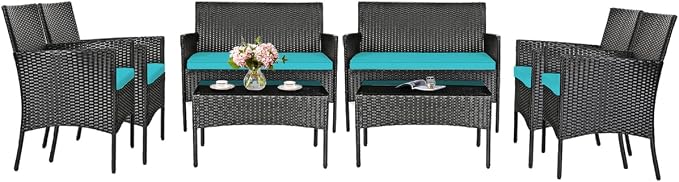 HAPPYGRILL 8-Piece Patio Furniture Set Rattan Wicker Conversation Set with Tempered Glass Top Table, Outdoor Wicker Sofa Set with Removable Cushions for Poolside Garden Backyard